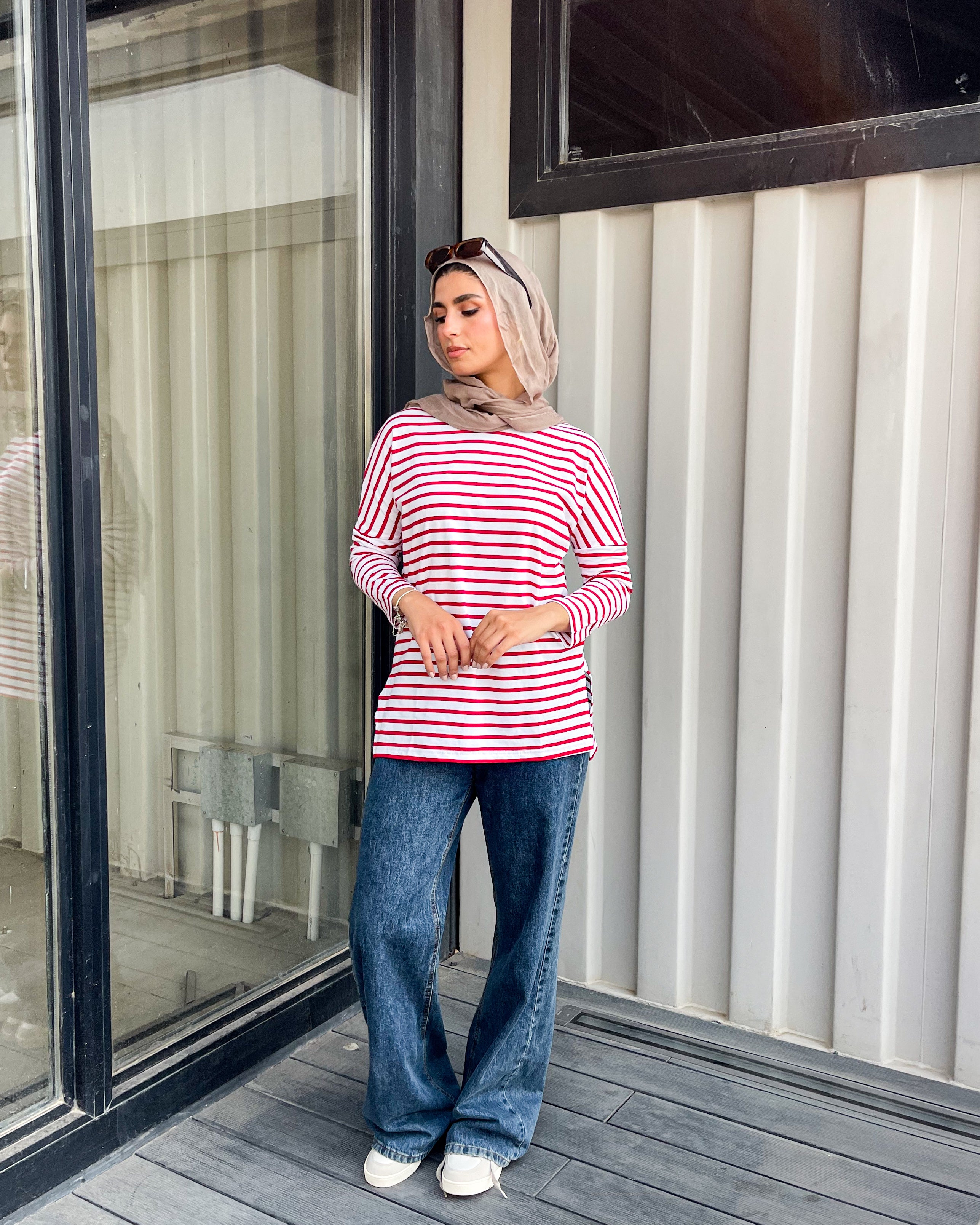 Striped Drop Shoulder T-shirt_ Red
