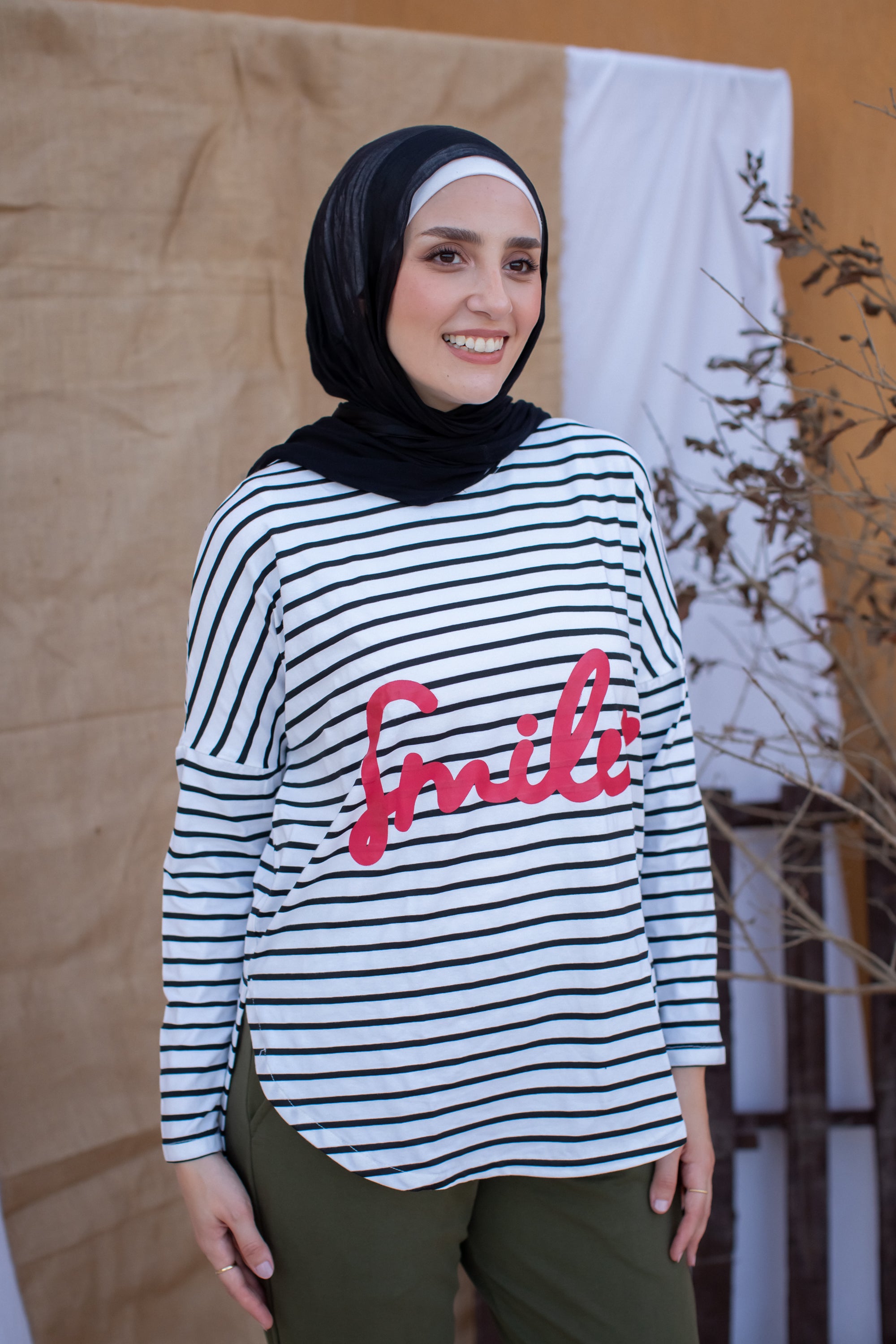Striped Drop Shoulder T-shirt_ smile OUT LET