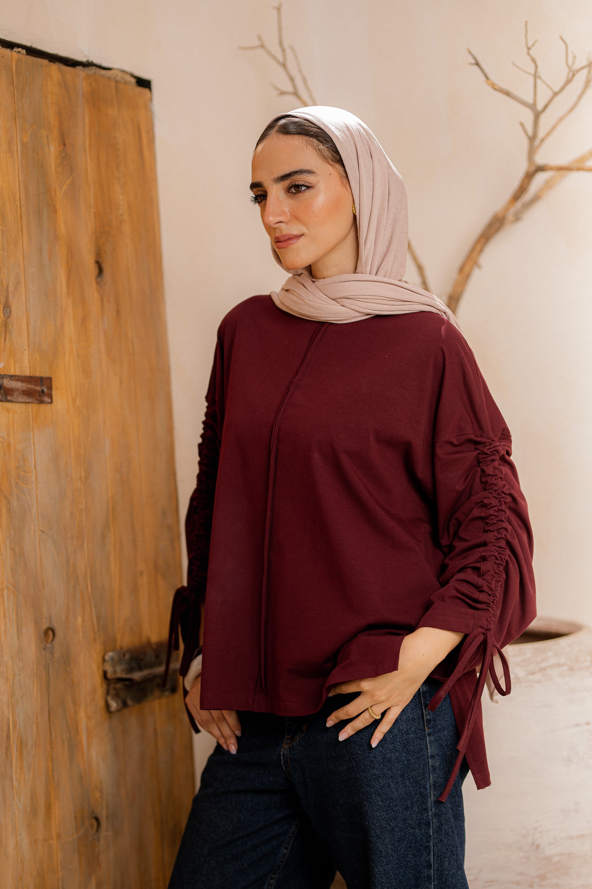 Graceful Ruffle T-shirt-maroon