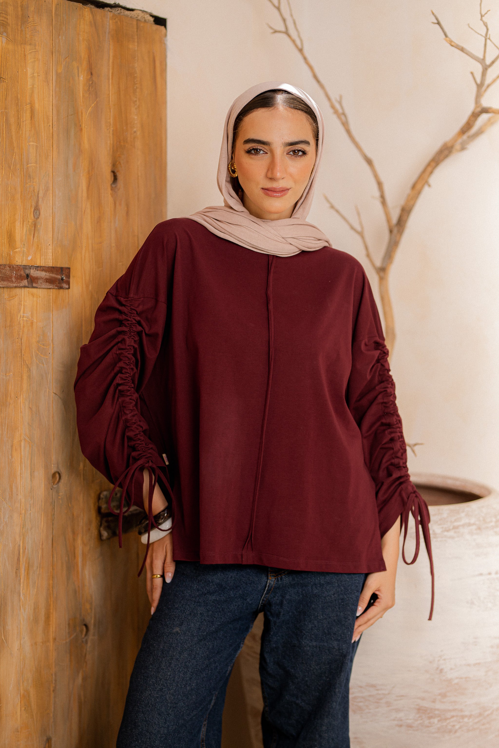 Graceful Ruffle T-shirt-maroon