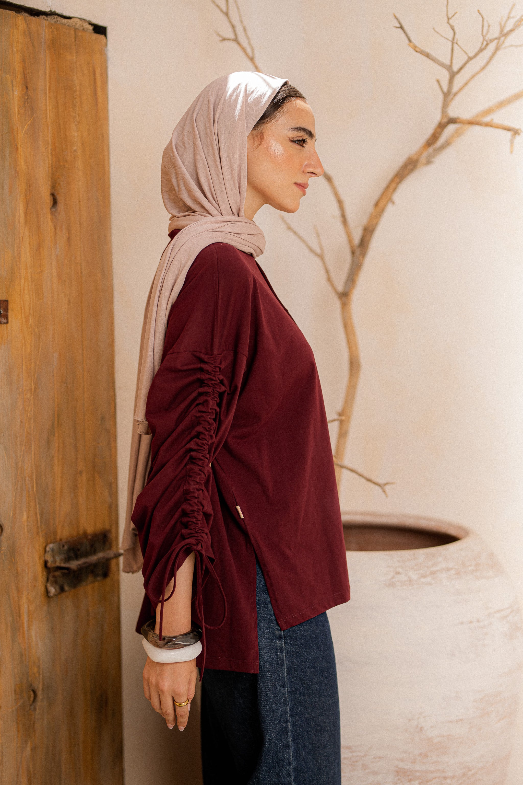 Graceful Ruffle T-shirt-maroon