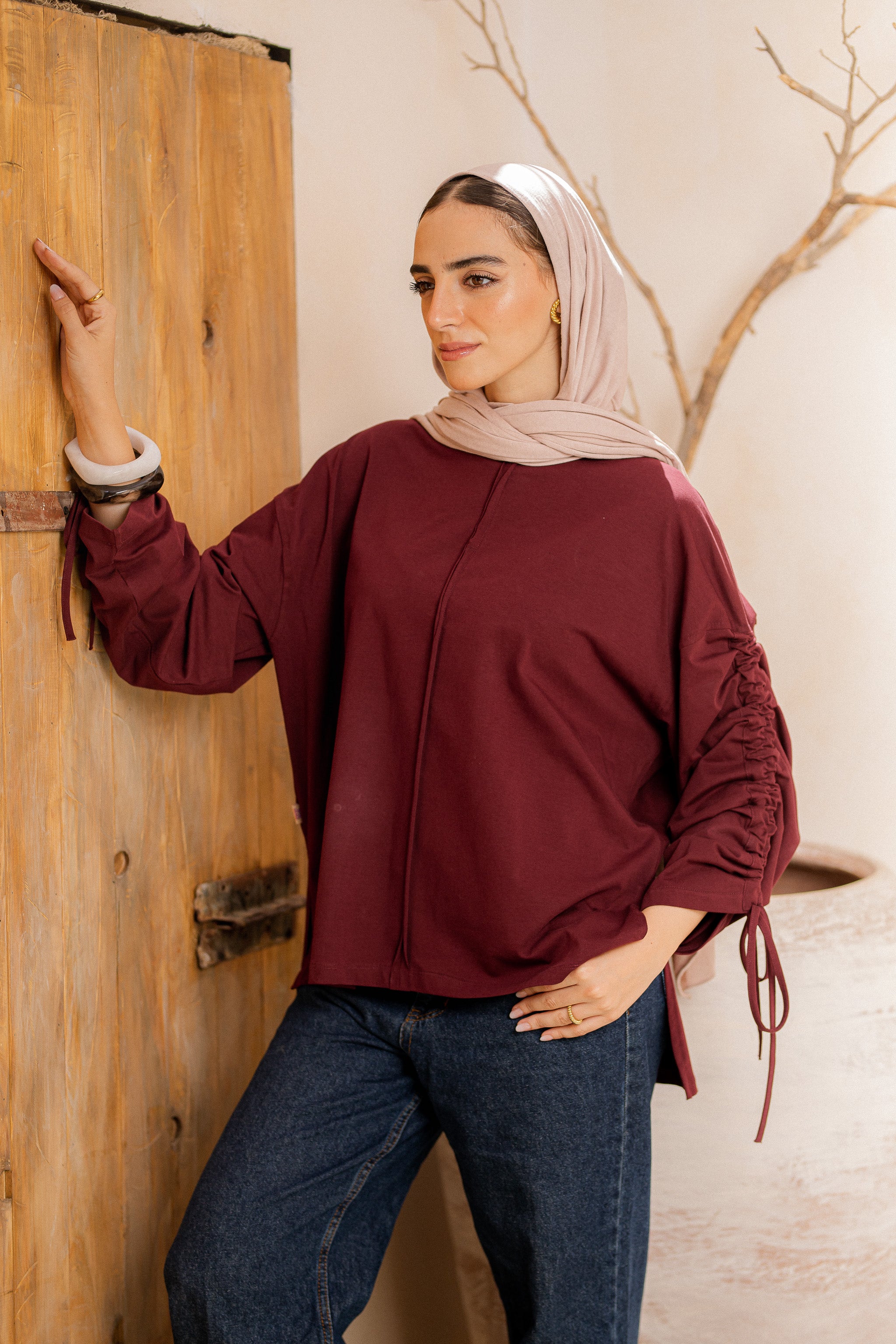Graceful Ruffle T-shirt-maroon