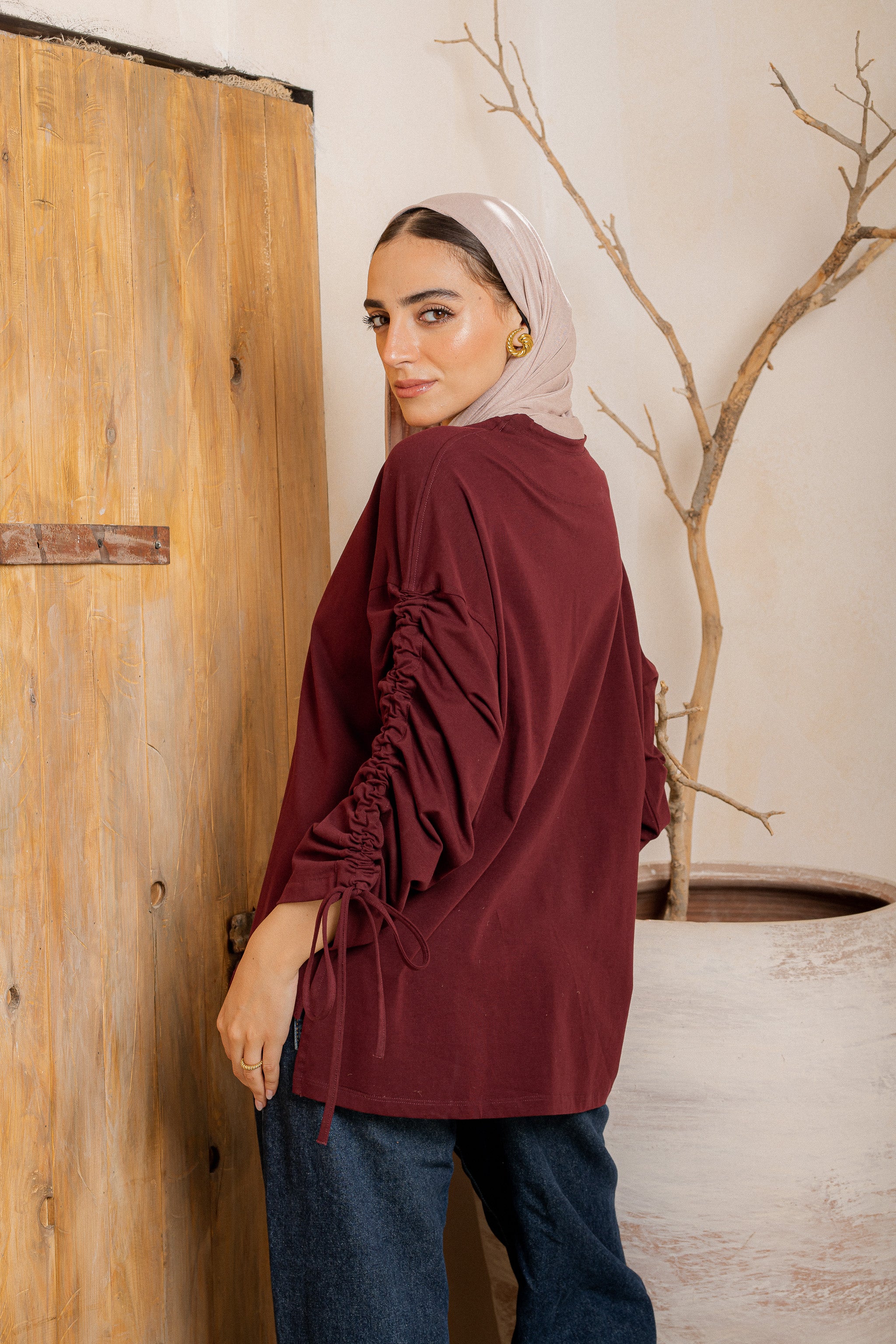 Graceful Ruffle T-shirt-maroon